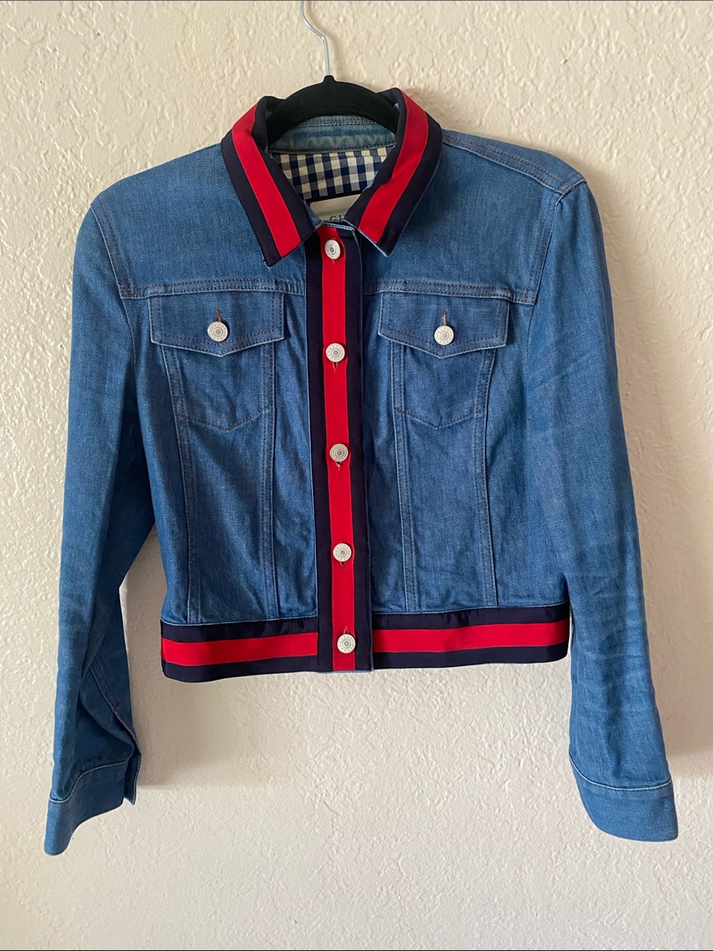 Gucci Web Trim Cropped Denim Jacket Size IT 44 Alessandro Michele Era - Picture 2 of 11
